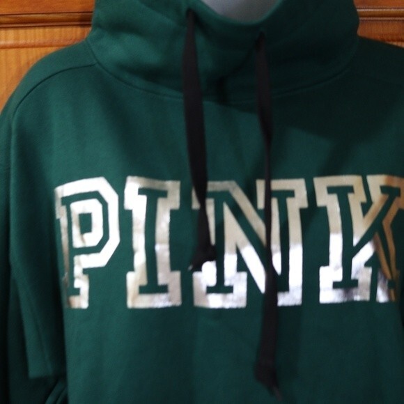 Pink Dark Green Metallic Silver Spellout Chest Logo Cowl Neck Pullover XS - Picture 7 of 9